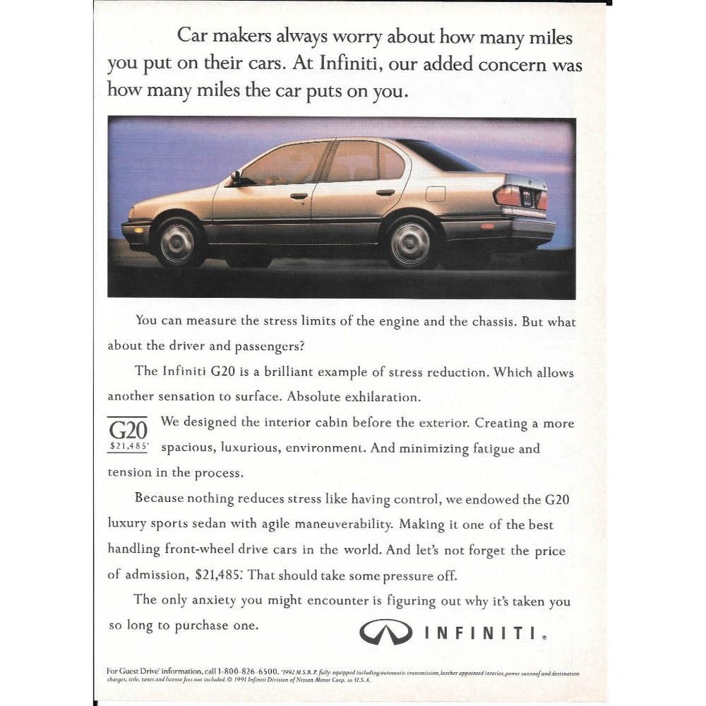 1991 Infiniti G20 Silver Luxury Sedan Classic Vintage Print Advertisement Ad